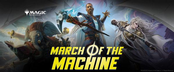 Image displaying three Planeswalkers from Magic: The Gathering with a logo reading "March of the Machine" at the bottom in yellow.
