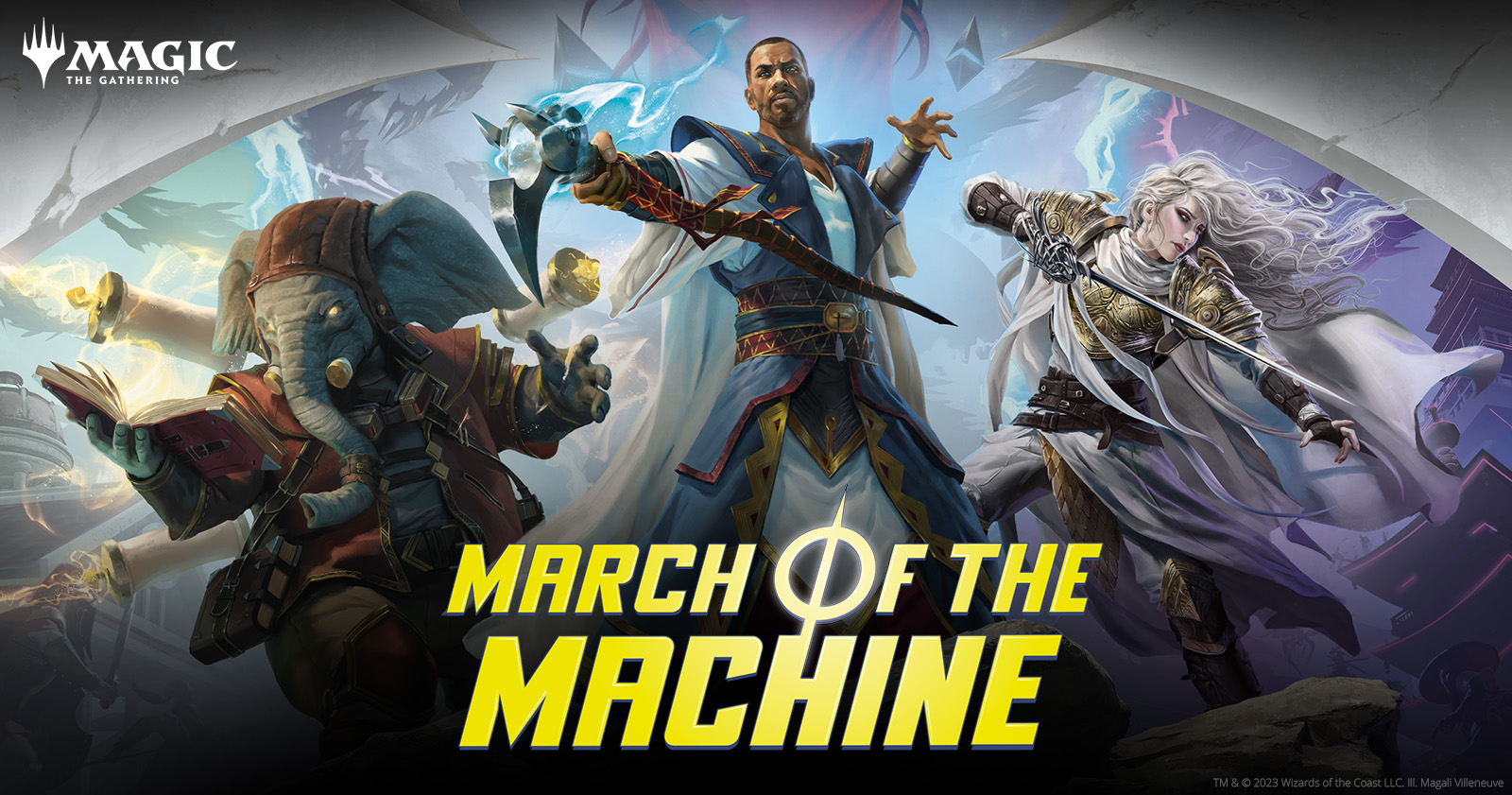 Three planeswalkers from Magic: The Gathering stand in a pose in front of the March of the Machine logo.