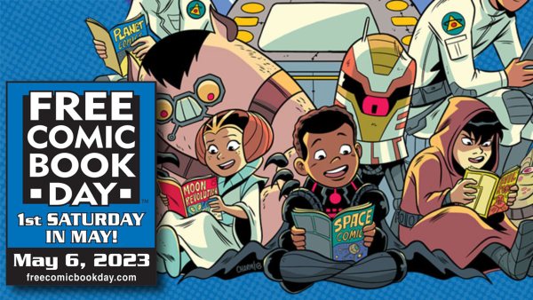 Free Comic Book Day, May 6 2023. Image shows group of children in sci-fi costumes reading comics surrounded by a group of sci-fi characters.