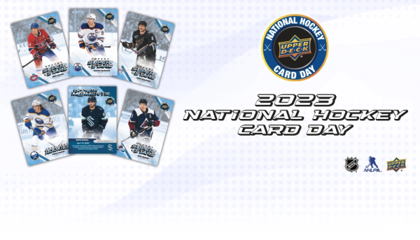 Six National Hockey Card Day cards laid out in an array. Text reads 2023 National Hockey Card Day.