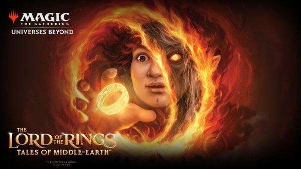 Text reads: Magic: The Gathering, Lord of the Rings: Tales of Middle Earth. Image shows character facing the camera reaches for the One Ring encircled by flames.