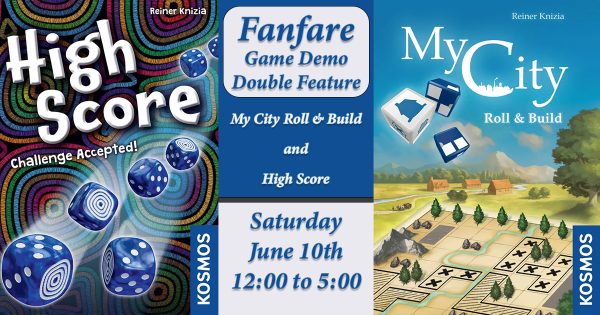Cover art for High Score on the left features blue and white dice rolling across a multicolor background of concentric circle designs. My City cover design on far right features a countryside scene, where the ground changes from a grassy field to a grided paper with X's and specialized dice in the air. Text on right reads: My City: Roll & Build.