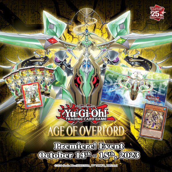 A Yu-Gi-Oh! character with arms outstretched showcasing the following Premiere related items: Age of Overlord Booster Packs, Field Center Card, Playmat, and Promo Card.