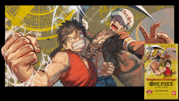 A duo of One Piece characters flexing towards the camera's point of view with a booster pack of the new One Piece Kingdoms of Intrigue in the lower right.