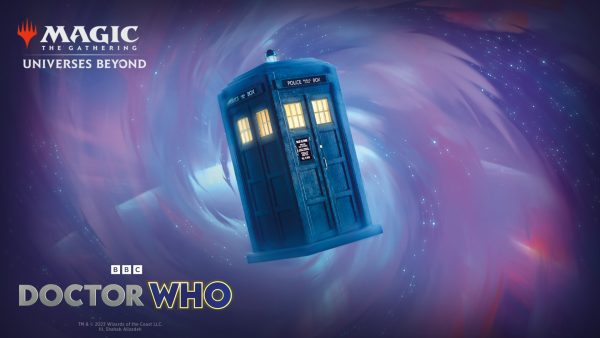 The Tradis hovering above a wormhole. Text reads: Magic: Universes Beyond. BBC Doctor Who