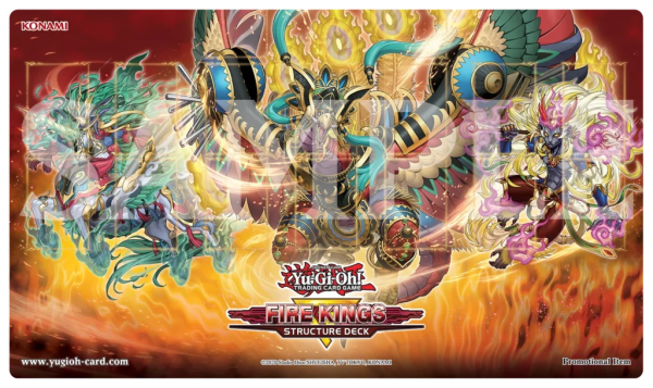 Sample Playmat featuring 3 ornate Yu-Gi-Oh! characters in front of flames.

Features the official Yu-Gi-Oh! logo and Fire Kings Structure Deck logo.