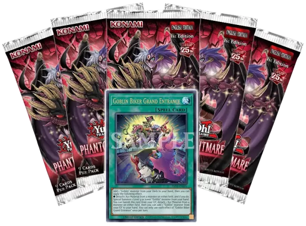 Five packs of Yu-Gi-Oh! Phantom Nightmare paid out with a promo card on top.