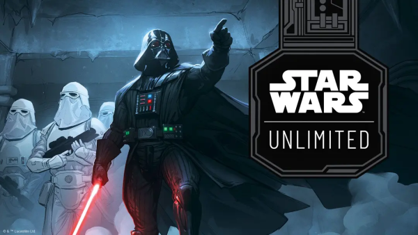 Darth Vader leads a group of Storm Troopers, light saber in hand. He points to the upper right of the frame. Text reads Star Wars Unlimited.
