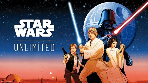 Image features Luke Skywalker, Han Solo, Leia, and a menacing Darth Vader all in front of a Deathstar. Text reads "Star Wars Unlimited"