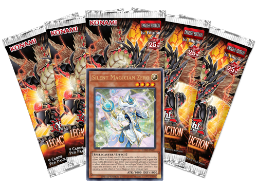 5 Booster Packs of Yu-Gi-Oh! Legacy of Destruction fanned out in the background with a Silent Magician Girl promo card centered in the foreground.
