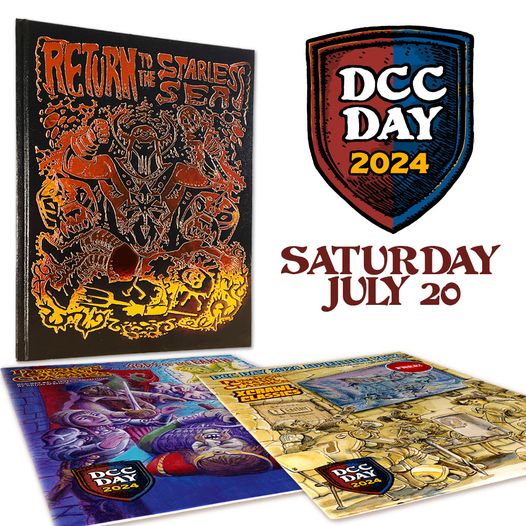 Three Dungeon Crawl Classics books are on display along with a DCC Day logo and the event date of Saturday July 20.