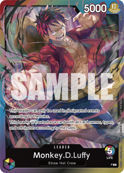 Sample 6-color Luffy leader card featuring Luffy with a swirl of colors behind him.