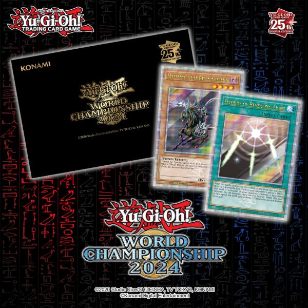 Black envelope with Yu-Gi-Oh! World Championship 2024 written in center with gold. The Yu-Gi-Oh! 25th Quarter Century logo is in the upper right. Two featured promo cards Doomcaliber Knight & Swords of Revealing Light.